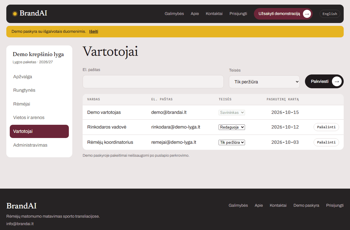 Komandos vartotojai ir jų teisės